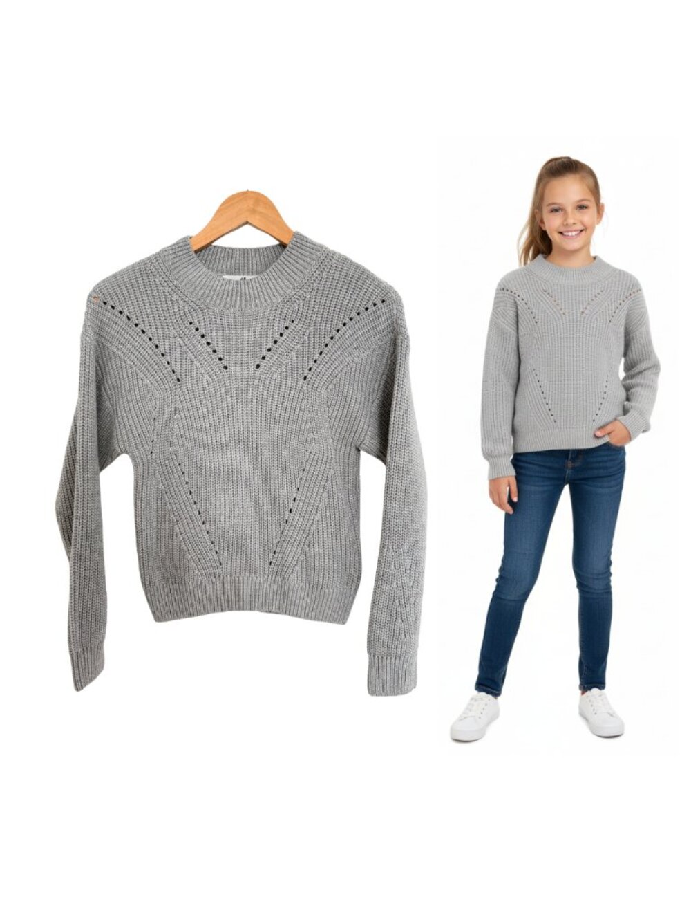 H&M Sweater Girls 12/14 Light Grey Knit Pullover Jumper Gray Cotton Blend Cozy